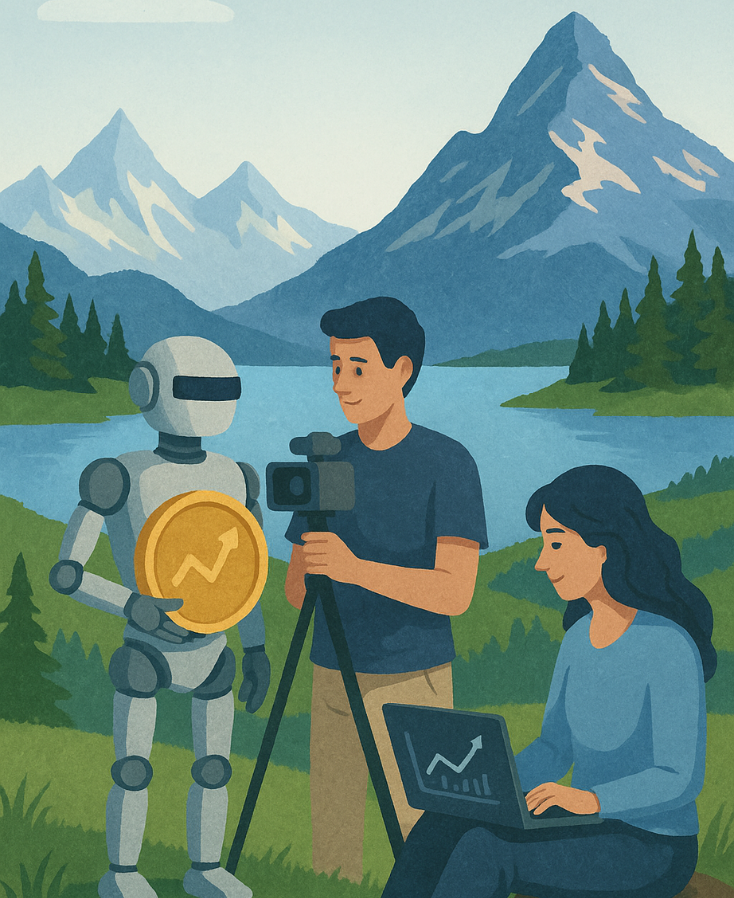 Three people collaborate beside a mountain lake: one filming, one managing content on a laptop, and a robot holding a coin with an upward trend—visually depicting content systems, creativity, and AI working in sync.