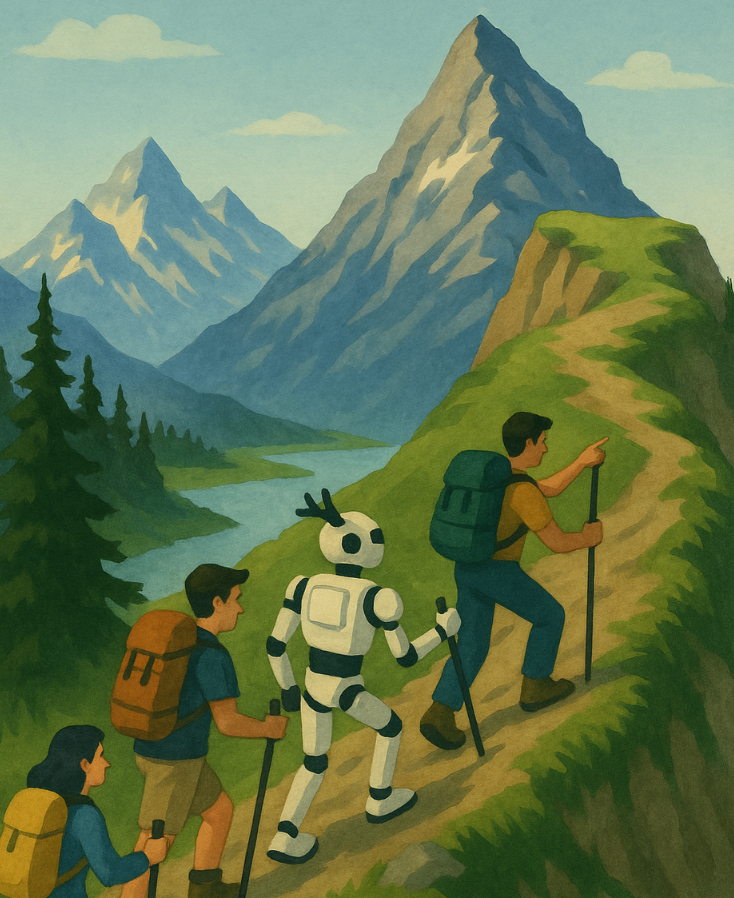 A team of three hikers and a robot ascend a mountain trail together, symbolizing collaborative go-to-market strategy and positioning. The path leads toward a peak in the distance—capturing A2Z Vista’s approach to strategic growth, shared direction, and clear elevation.