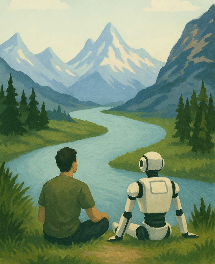 A human and robot sit side-by-side overlooking a river and snow-covered peaks, symbolizing calm collaboration between people and automation—reflecting A2Z Vista’s approach to scalable AI integration.