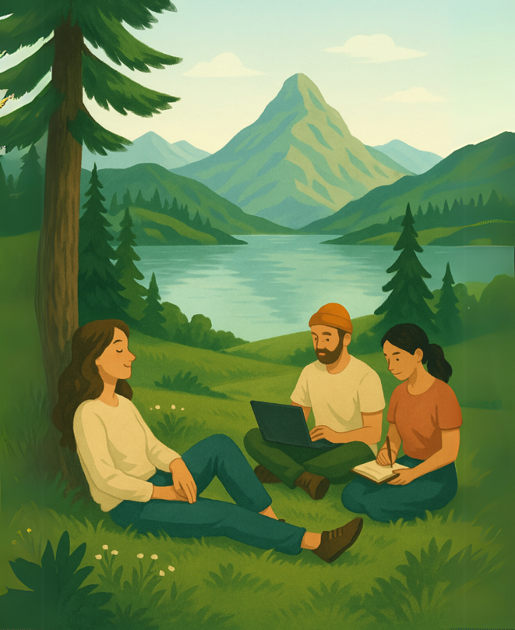 A2Z Vista – Brand & Content Systems for Scalable Growth A digital illustration of a serene mountain landscape with three individuals working and relaxing by a lake — representing harmony between creativity, systemization, and soulful storytelling, inspired by A2Z Vista’s brand and content consulting philosophy.