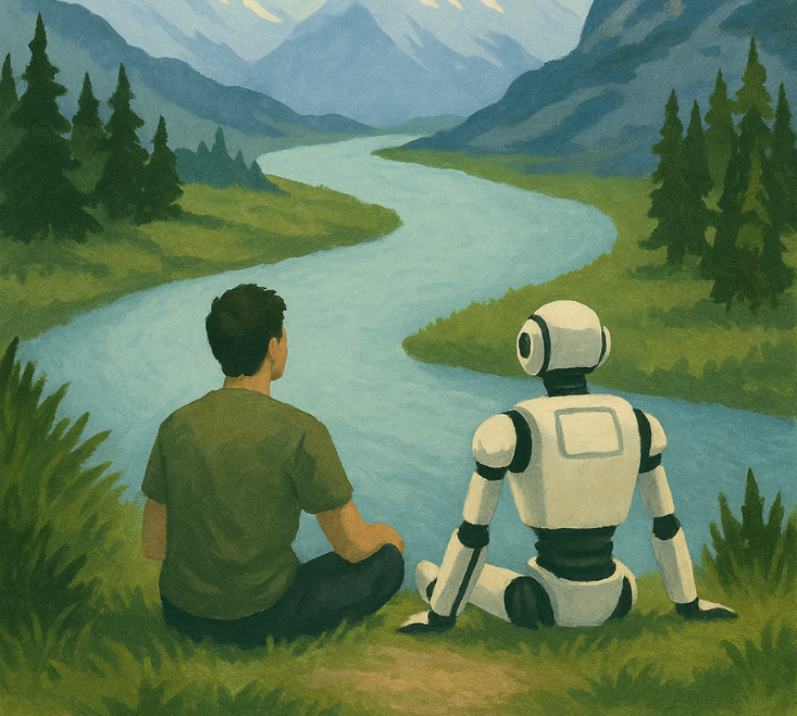 A2Z Vista – Human-AI Harmony for Strategic Efficiency A human and robot sit side-by-side overlooking a river and snow-covered peaks, symbolizing calm collaboration between people and automation—reflecting A2Z Vista’s approach to scalable AI integration.
