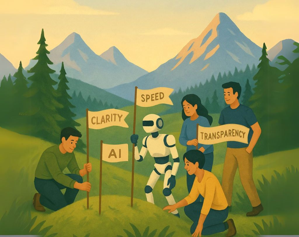 A2Z Vista – Built on Principles, Not Playbooks A group of four people and a robot collaboratively plant flags labeled Clarity, Speed, AI, and Transparency on a peaceful hillside, symbolizing the shared values and open culture that guide A2Z Vista’s strategic consulting approach.